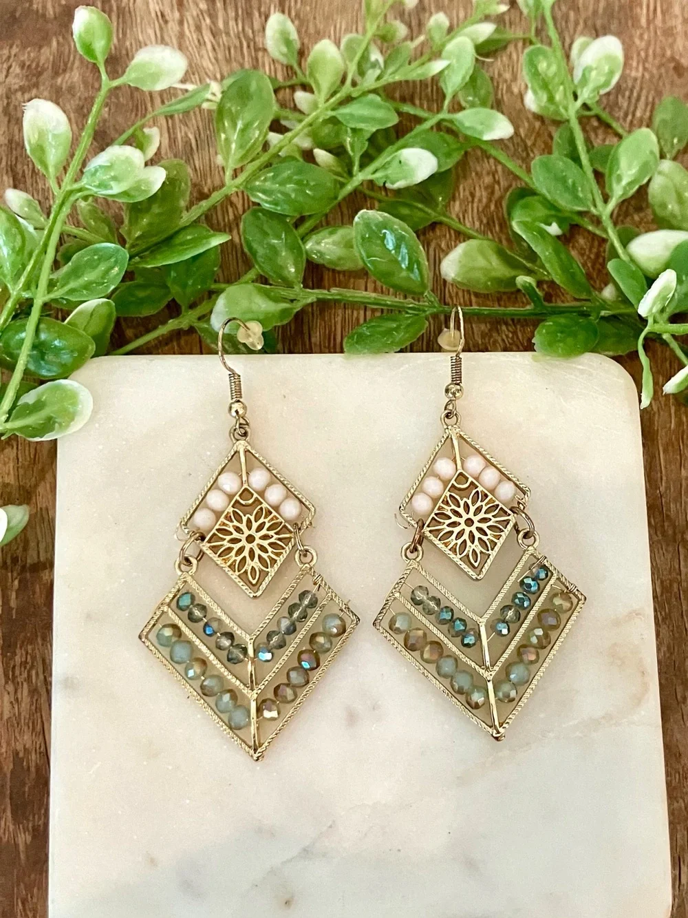 Gold-Tone Chevron Drop Earrings with Green and Pink Accents Boho dangle